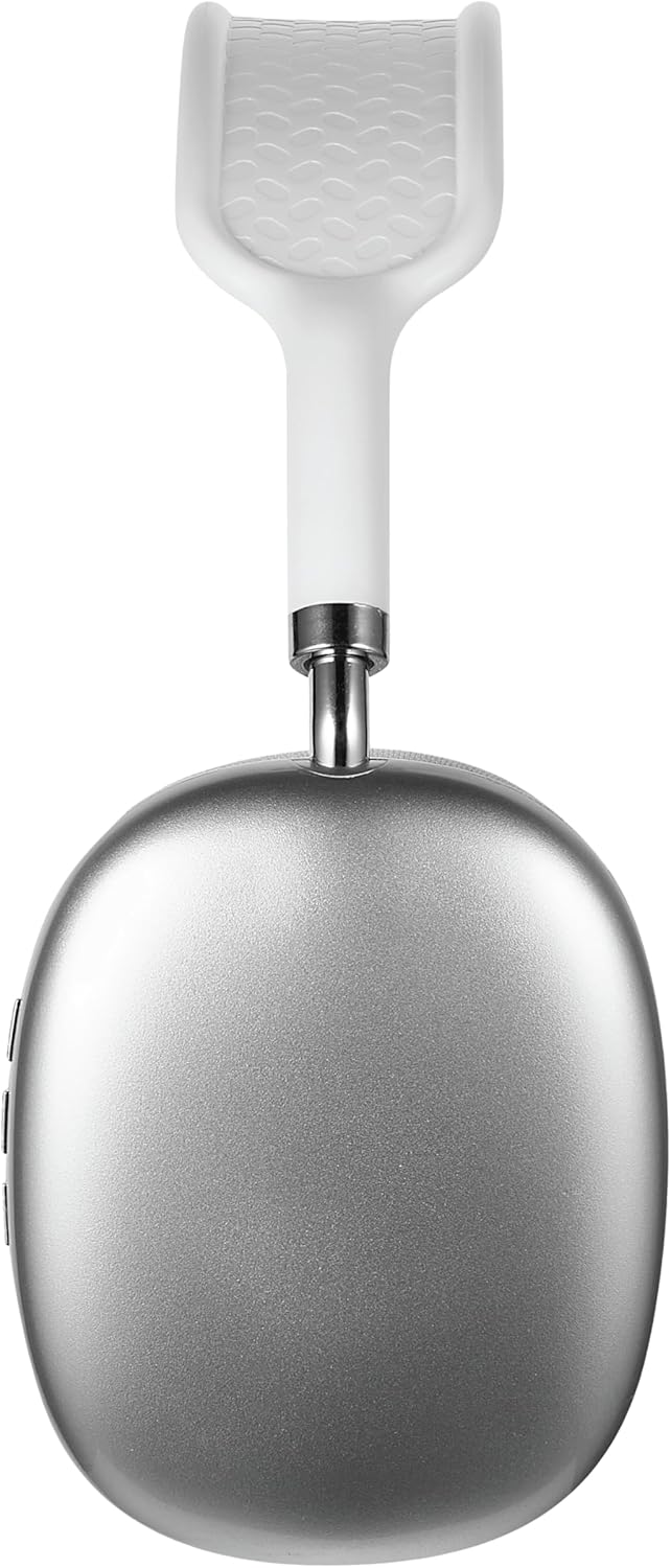 Wireless over-ear headphones from above view showing sleek silver design and white headband.