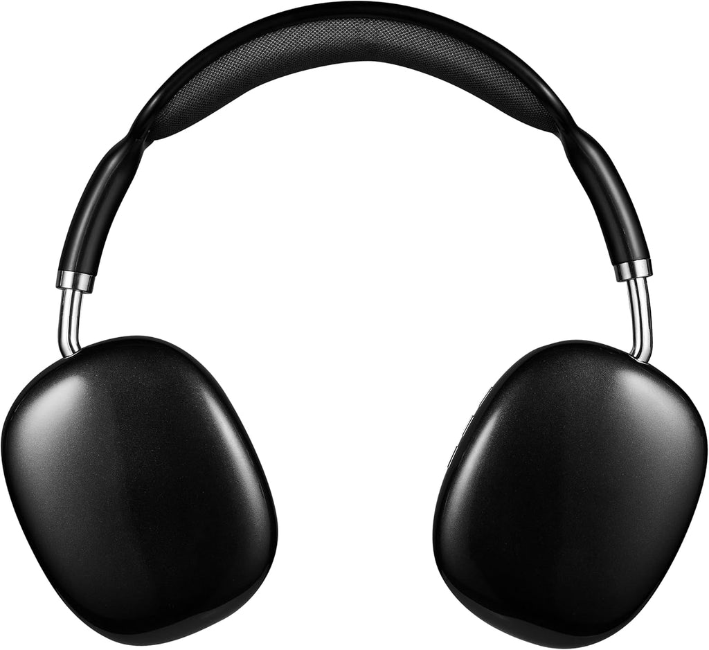 wireless over-ear headphones in sleek black design with padded headband for comfort and style.