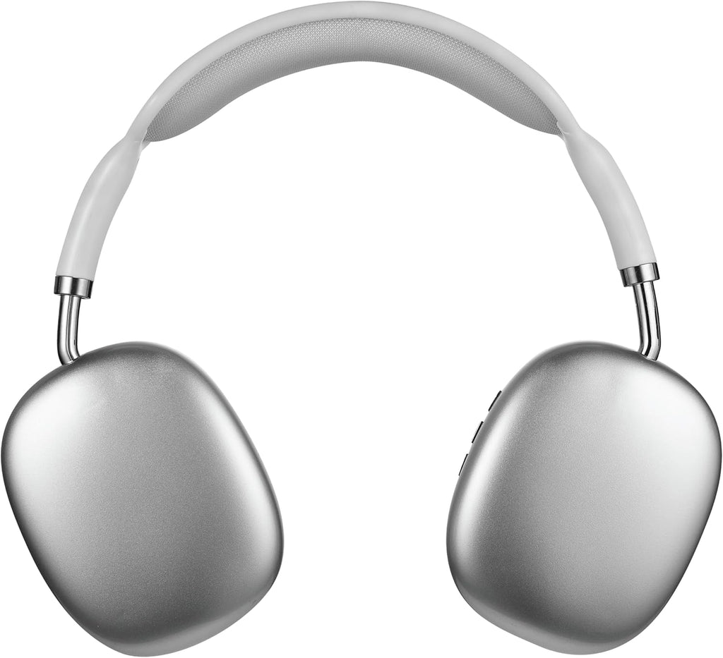 wireless over-ear headphones in silver color with comfortable ear cups and adjustable headband