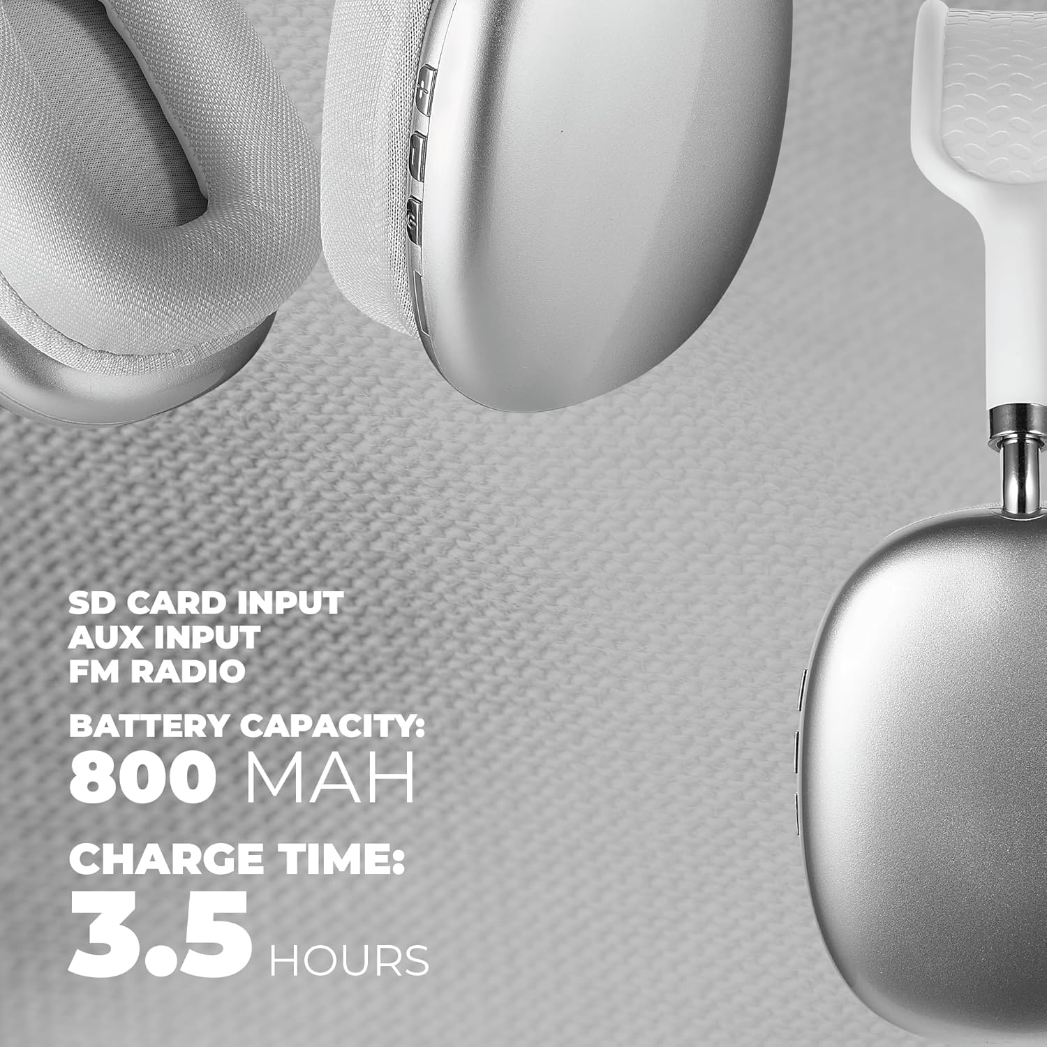 Wireless over-ear headphones features including SD card input, AUX input, FM radio, 800 mAh battery, and 3.5 hours charge time.